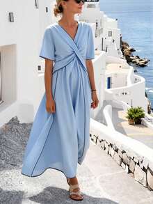 V-Neck Ruffle Sleeve Flare Dress, Summer Vacation Elegant - Baby Blue - View 1