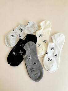 5/10 Pairs Women's Solid Color Bow Tie Boat Socks, Sweet & Comfortable Breathable Invisible Socks, Suitable For Daily Wear, Travel, Home, All Seasons - Multicolor - View 4