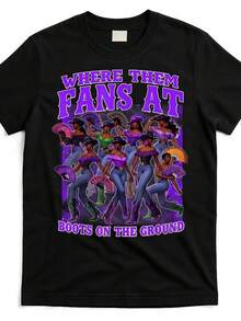 Women's Retro Graphic Denim T-Shirt - "Where Are The Fans?" And "Boots On The Ground" Design, Soft Cotton Crew Neck Short Sleeve T-Shirt, Black With Purple Print, Casual Vintage Style, Ladies' T-Shirts - 黑色 - 查看 1