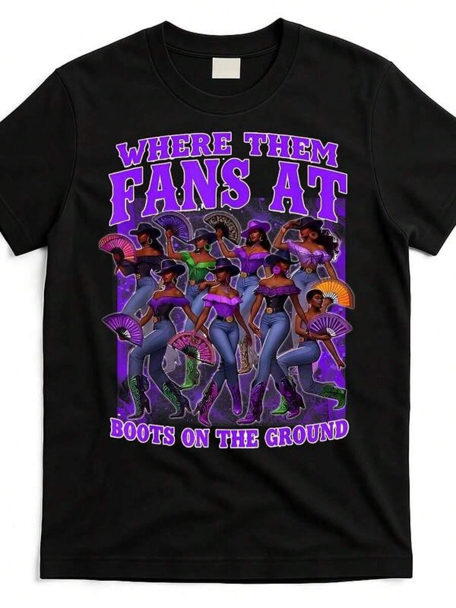 Women's Retro Graphic Denim T-Shirt - "Where Are The Fans?" And "Boots On The Ground" Design, Soft Cotton Crew Neck Short Sleeve T-Shirt, Black With Purple Print, Casual Vintage Style, Ladies' T-Shirts - 黑色 - 查看 1