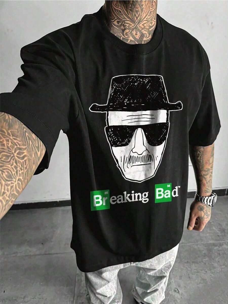 Men's Elegant Heavyweight Cotton T-Shirt, 220gsm Cotton Heisenberg Drawing T-Shirt, A Perfect Gift For Fans, For Casual Wear, Suitable For Men. - 黑色 - 查看 1