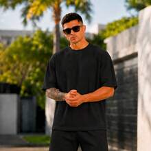 Men's Oversized Textured Casual Basic Plain Premium T-Shirt - 黑色 - 查看 1
