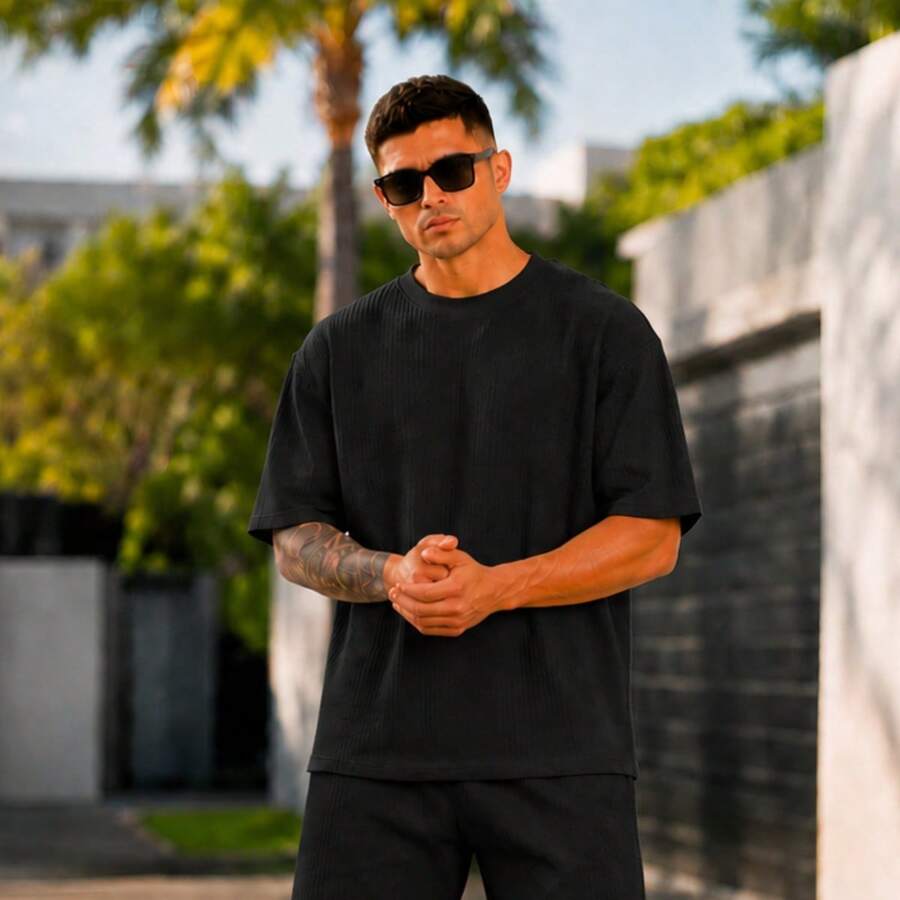 Men's Oversized Textured Casual Basic Plain Premium T-Shirt - 黑色 - 查看 1