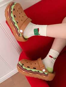 Women's Thick-Sole Sandals, Cute Cartoon Hamburger Design Breathable Slip-On Clogs, Sweet Style For Girls, Waterproof, Non-Slip, Elevated Platform, Suitable For Summer, Outdoor, Home Wear - Brown - View 7