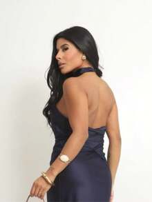 Women's Satin Blouse With High Neck And Open Back, Elegant For Parties - Navy Blue - View 4
