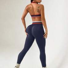 guang zhou mi qian shang mao Slayform Conjunto de top de cuello halter de bloques de color y leggings ajustados para mujer, atuendo casual para actividades al aire libre - Azul - Ver 8