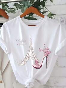 Tower Print T-Shirt, Short Sleeve, Round Neck, Casual Style, For Summer And Spring, Women's Clothing N3DH - 白色 - 查看 1