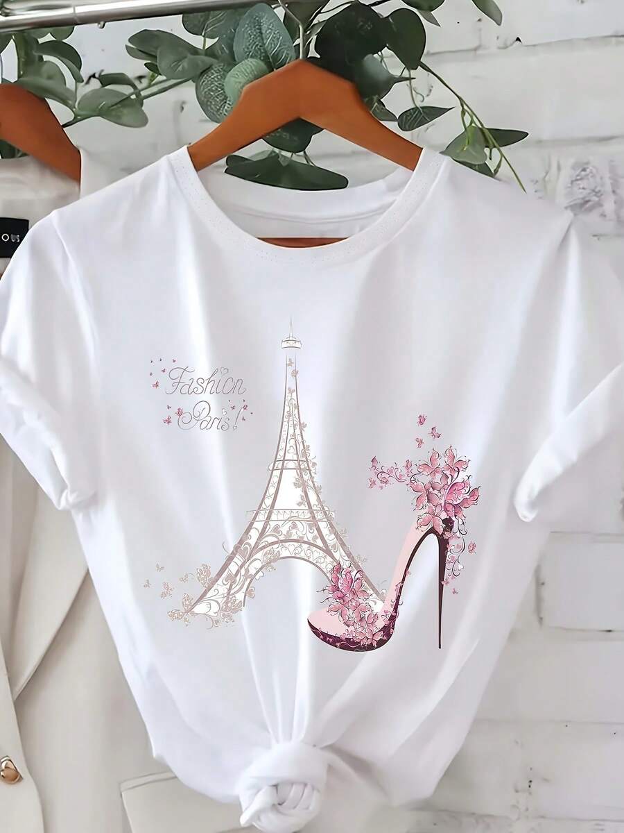 Tower Print T-Shirt, Short Sleeve, Round Neck, Casual Style, For Summer And Spring, Women's Clothing N3DH - 白色 - 查看 1