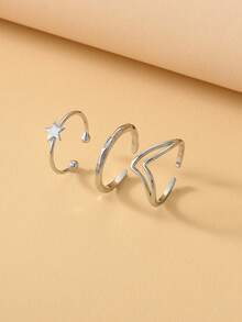Set de 3 anillos abiertos y ajustables minimalistas para mujer con decoración de estrella y textura de ola, adecuados para uso diario, citas y fiestas - 3 piezas - Ver 1