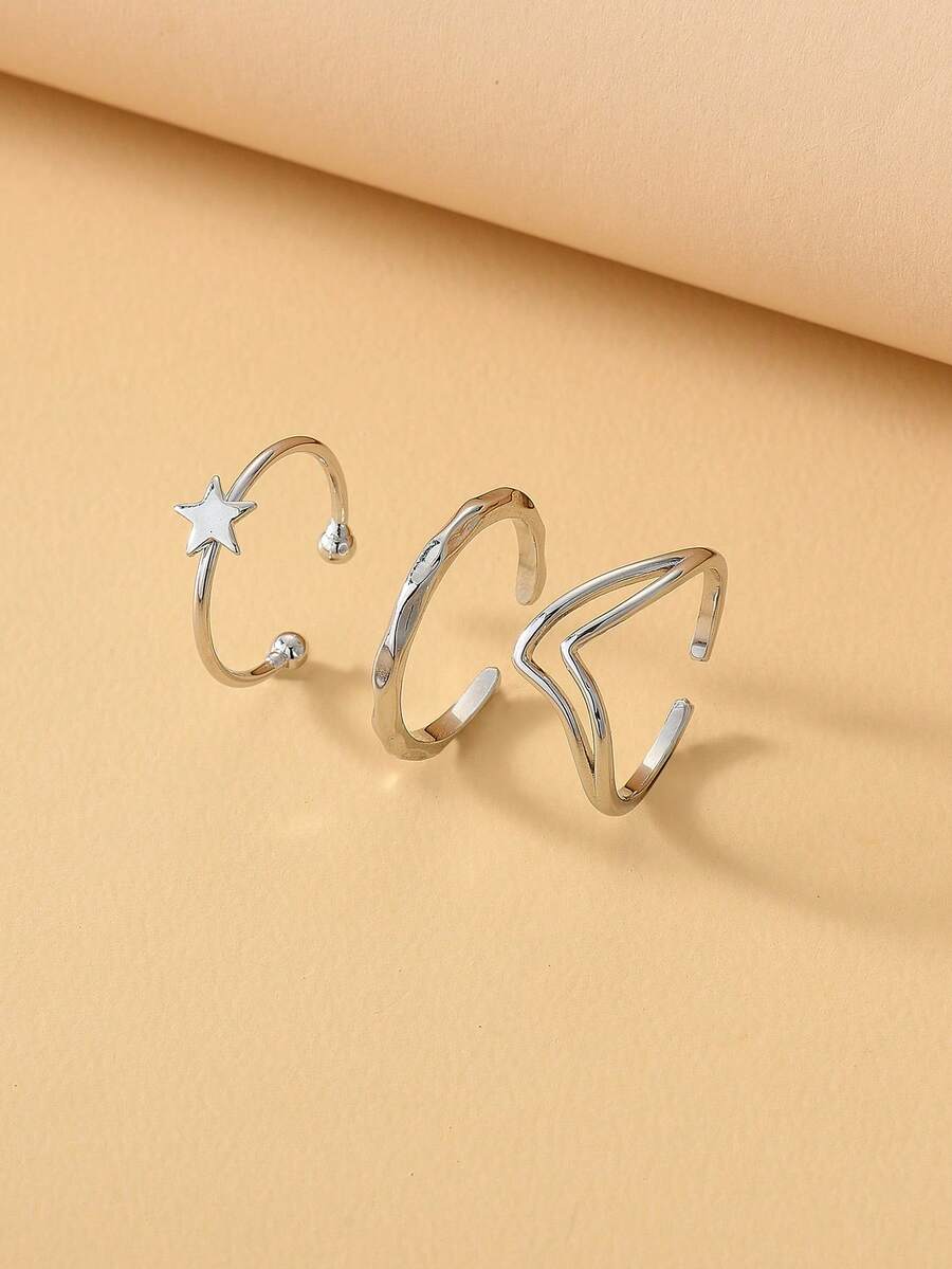 Set de 3 anillos abiertos y ajustables minimalistas para mujer con decoración de estrella y textura de ola, adecuados para uso diario, citas y fiestas - 3 piezas - Ver 1