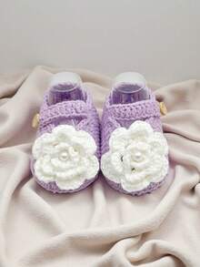 1 Pair Handmade Infant Booties, Green Crochet With White Flower Decor, Buckle Closure - Mauve Purple - View 3