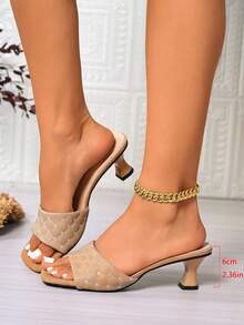 Women's Fashion Quilted Shiny Plaid Sandals - Square Toe With Kitten Heel, Slip-On Summer Sandals - Brown - View 10