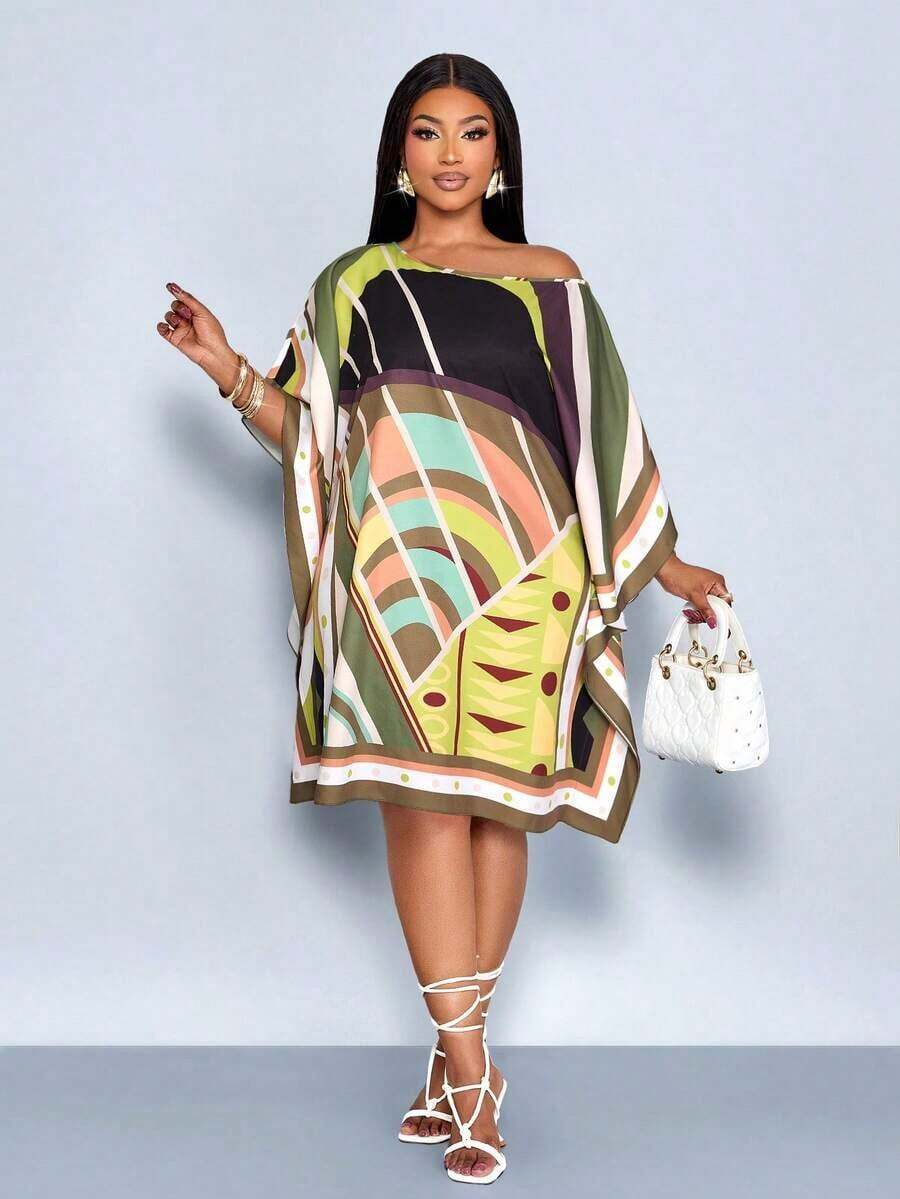 Vestido de mujer de talla para primavera y verano, elegante y para vacaciones casuales, vestido de longitud media con hombros inclinados, hombros asimétricos, pañuelo cuadrado off shoulder, vestido con patrón de rayas en bloque de color negro y blanco, impresión de posicionamiento, impresión tejida, adecuado para uso diario, compras, citas, ropa de amigas, ropa de invitados de boda, ropa de vacaciones, digno y adinerado, vacaciones de lujo tranquilo - Verde militar - Ver 1