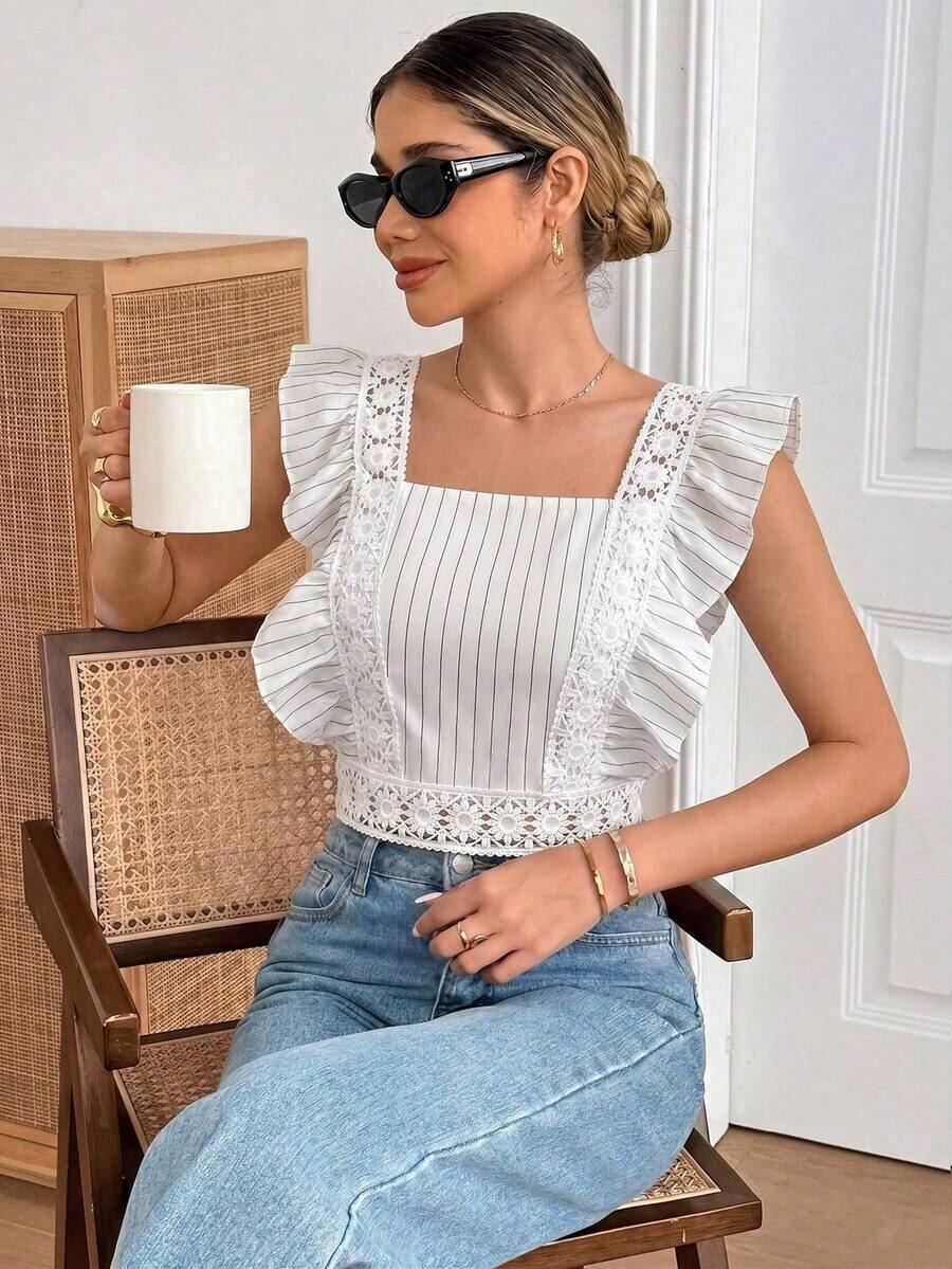 Camisa de verano elegante y estilizadora de cuello cuadrado con rayas tejidas para mujer - Blanco - Ver 1