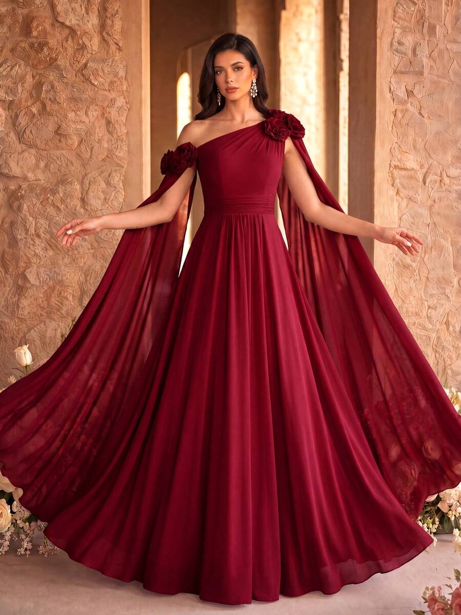 SUPGIR Asymmetric Neck Flower Decor Maxi Ruffle Waist Long Chiffon Dress, Bridesmaid Dress Wedding Spring - Burgundy - View 1