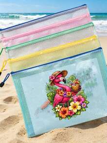 Waterproof Fashion Beach Bag. Printed With Flamingo And Flower Patterns, This Large Capacity Transparent Cosmetic Bag Features A Nylon Zipper, Lightweight And Portable, Perfect For Spring And Summer Storage. Durable And Suitable For Swimming, Beach, Diving And Summer Travel. Lightweight And Sun-Protective, It's The Perfect Back-To-School Essential Bag For Students. - Multicolor - View 6