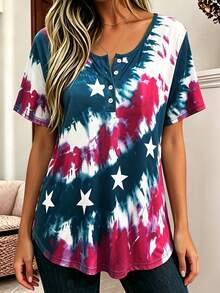 Plus Size T-shirt med amerikansk flagga och tie-dye-tryck för Independence Day, rund hals, korta ärmar, knappar fram, casual vardagsplagg för vår, sommar och semester - blågrön - Visa 4