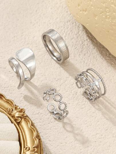 4pcs Stainless Steel 304 Material Mixed Geometric Pattern Adjustable Open Rings, Roman Numeral Design, Suitable For Women's Daily Decoration Or Gifts