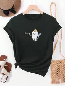 Camiseta corta de verano para mujer con cuello redondo y diseño de la hada de los dientes - Negro - Ver 1