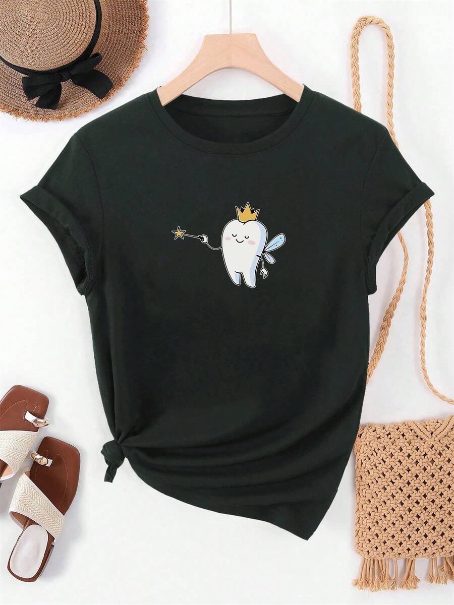 Camiseta corta de verano para mujer con cuello redondo y diseño de la hada de los dientes - Negro - Ver 1