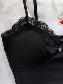 Bộ đồ lót nữ màu trơn gợi cảm 2 món, thoải mái và quyến rũ với áo ngực và quần lót ren nơ trang trí, phù hợp cho các bữa tiệc hóa trang, thanh lịch và tinh tế. - màu đen - Xem 6