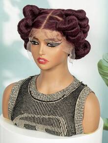 Peluca trenzada sintética, peluca de encaje completo HD sin costuras con trenzas en caja, peluca sintética de encaje completo elegante, adecuada para mujeres - alta densidad, resistente al calor, estilo trenzado versátil, adecuada para mujeres afroamericanas, peluca trenzada hecha a mano, Halloween - Rojo - Ver 4