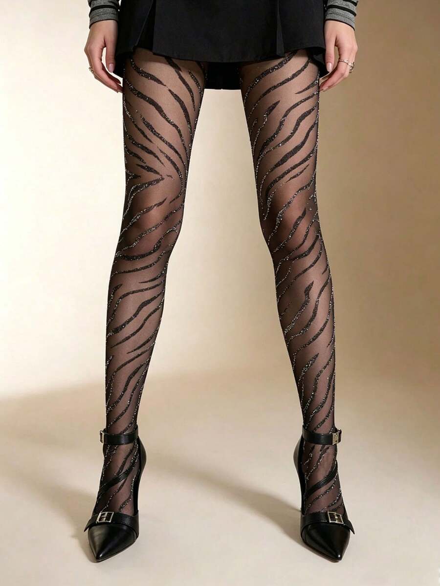 1 Paio di calze velate nere con motivo a righe metallizzate argentate a zebra, eleganti e sexy, adatte per uso quotidiano - Multicolore - Visualizzare 1