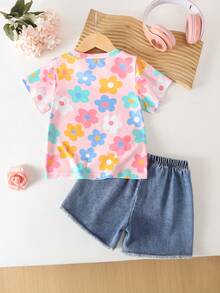 Girls Denim Shorts And T-Shirt 2 Pieces Set, Fashionable Casual Summer Outfit - Multicolor - View 2