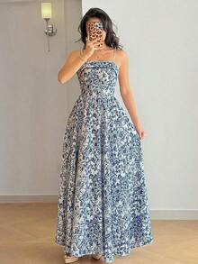Vestido largo de mujer con estampado floral azul y blanco, de estilo casual y elegante, con tirantes finos y espalda descubierta, ideal para vacaciones y días de verano - Multicolor - Ver 8