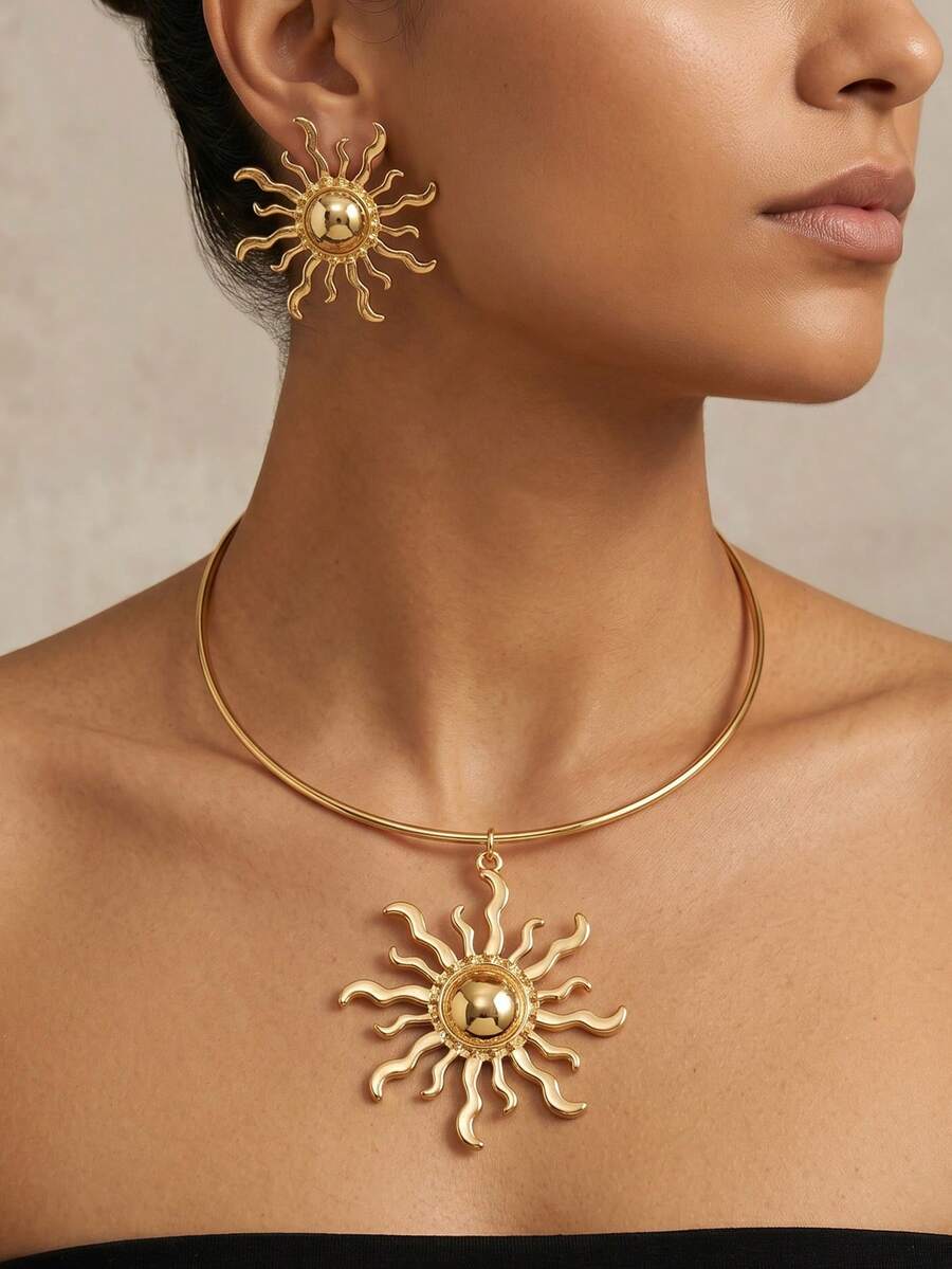 3pcs Spring/Summer Fashion New Sunflower Necklace Set, Versatile Elegant European And American Creative Necklace Set - Yellow Gold - View 1