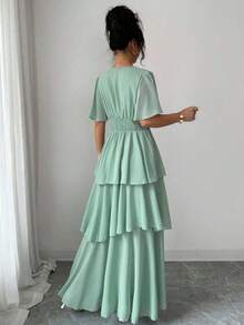 Vestido maxi de gasa transparente con forro, de color verde menta, con cintura fruncida y plisada, mangas abullonadas, corte asimétrico y estilo retro francés, ideal para ocasiones formales, oficina, paseos, playa, fiestas y eventos de primavera y verano - verde menta - Ver 2