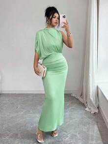 Vestido ajustado y acampanado sin mangas con cuello fruncido en color borgoña, para primavera/verano - Verde - Ver 12