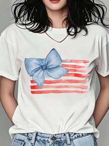 Women's Black T-Shirt With American Flag Print, Casual Summer Top, Patriotic Fashion Tee For Independence Day. New Summer Arrivals: 100% Cotton Crew Neck T-Shirts. - 白色 - 查看 1