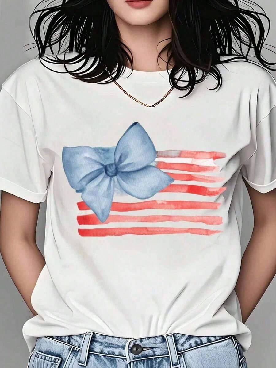 Women's Black T-Shirt With American Flag Print, Casual Summer Top, Patriotic Fashion Tee For Independence Day. New Summer Arrivals: 100% Cotton Crew Neck T-Shirts. - 白色 - 查看 1