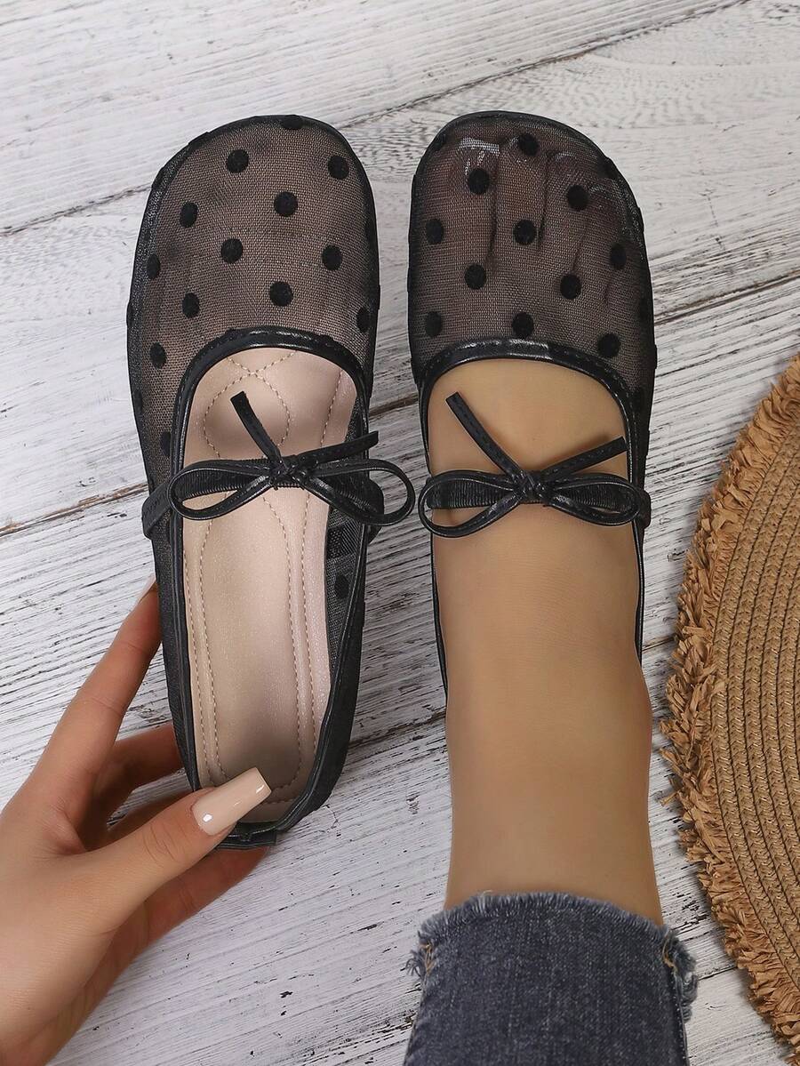 Giày Mary Jane lưới chấm bi nhẹ nhàng mùa hè, nơ nông, đế mềm, thoáng khí, kiểu dáng thường ngày dành cho nữ. - màu đen - Xem 1
