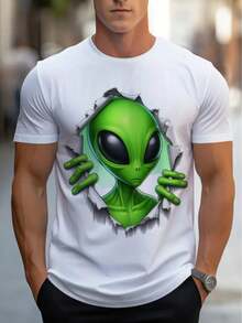 Herren-Grafik-T-Shirt - Weißes T-Shirt mit kräftigem grünem Alien-Gesicht - Leichter, atmungsaktiver Stoff für lässige und formelle Outfits - Alltagstaugliches Sommer-Shirt - Maschinenwaschbares Oberteil in normaler Passform, verspielte Mode, auffälliger Druck, strapazierfähige Verarbeitung, bedrucktes T-Shirt,  Kleidung - Weiss - Übersicht 7