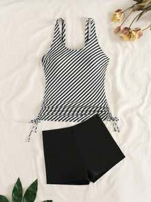 Swim Lushoire Conjunto de top y shorts de tela de rayas azules y blancas con cintura con cordón para playa y vacaciones, y top y shorts de tela lisa de talle alto, conjunto de bikini tankini de verano para mujer - Blanco y Negro - Ver 5