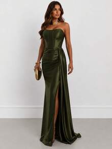 Satin Dress For Parties And Special Occasions, Strapless, Elegant - 橄欖綠 - 查看 4