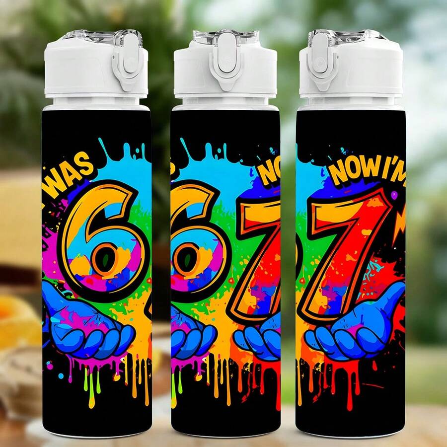 1/5入 25oz 吸管水壺，彩色滴漆塗鴉「I Was 6 Now I'm 7」數字印花，防漏可重複使用塑膠飲水瓶，保溫便攜運動水壺，適合健身、徒步、露營、旅行與日常使用，理想生日禮物 - 67-1 - 查看 1