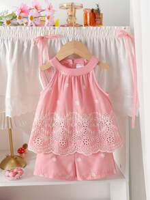 2pcs Baby Girls Cute Embroidered Hollow Design Halter Vest & Elastic Waist Shorts Set, Snowflake Embroidery Pattern, Suitable For Beach Holiday In Summer - Pink - View 1