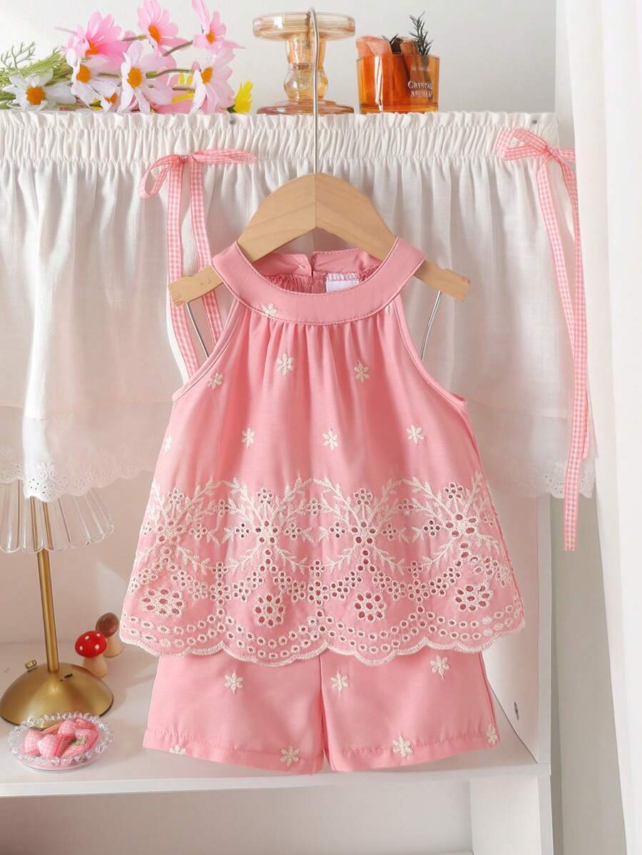 2pcs Baby Girls Cute Embroidered Hollow Design Halter Vest & Elastic Waist Shorts Set, Snowflake Embroidery Pattern, Suitable For Beach Holiday In Summer - Pink - View 1