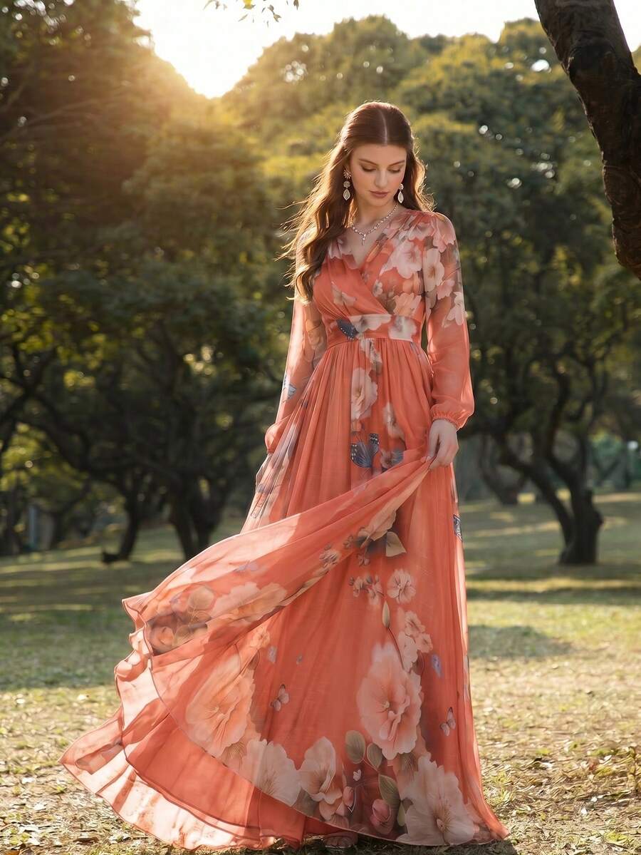 女士新款优雅浪漫印花长袖修身喇叭连衣裙,花卉叶子印花全身图案波西米亚风拉链度假连衣裙 - 珊瑚橙 - 查看 1