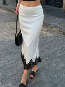 Falda elegante y versátil para mujer con contraste de satén y encaje de color contrastante - albaricoque blanco - Ver 1