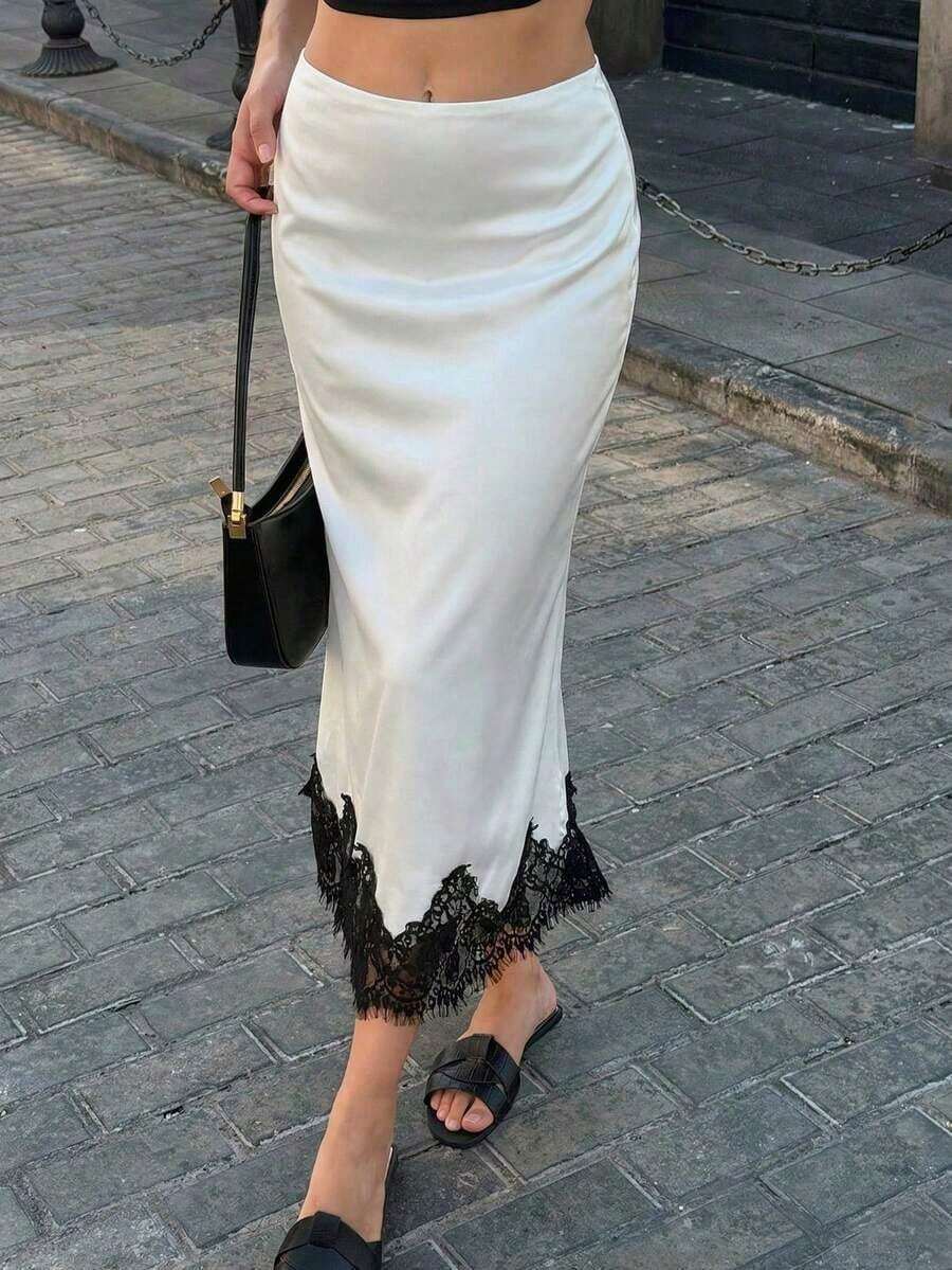 Falda elegante y versátil para mujer con contraste de satén y encaje de color contrastante - albaricoque blanco - Ver 1