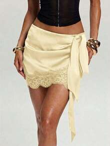 Minifalda elegante de mujer con parches de encaje y cintura con lazo, para verano - Amarillo - Ver 7