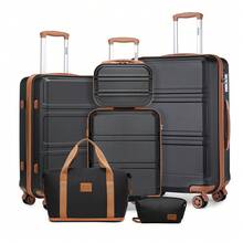 6 Piece Lightweight ABS Luggage Set - 4-Wheel Suitcases With TSA Combination Lock Includes 20" 24" 28" Trolley Cases 12" Vanity Case Duffel Bag And Toiletry Bag For Travel/4 Piece Luggage Set 20 Inch Lightweight ABS Hard Case Carry-On Cabin Suitcase With TSA Lock Includes Weekender Bag Vanity Case And Toiletry Bag For Travel - màu đen - Xem 1