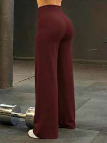 女款極簡高腰休閒舒適運動跑步寬腿褲 - 酒紅色 - 查看 3