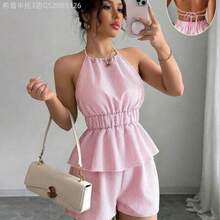 Yunuo Menswear  Nuevo conjunto de 2 piezas de mujer con top halter con lazos y shorts a rayas con espalda descubierta, adecuado para vacaciones de verano - Rosa - Ver 1