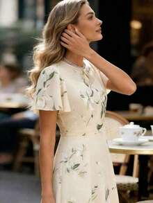 Vestido elegante con estampado floral, mangas con volantes y tela de gasa azul para mujeres - Albaricoque - Ver 6