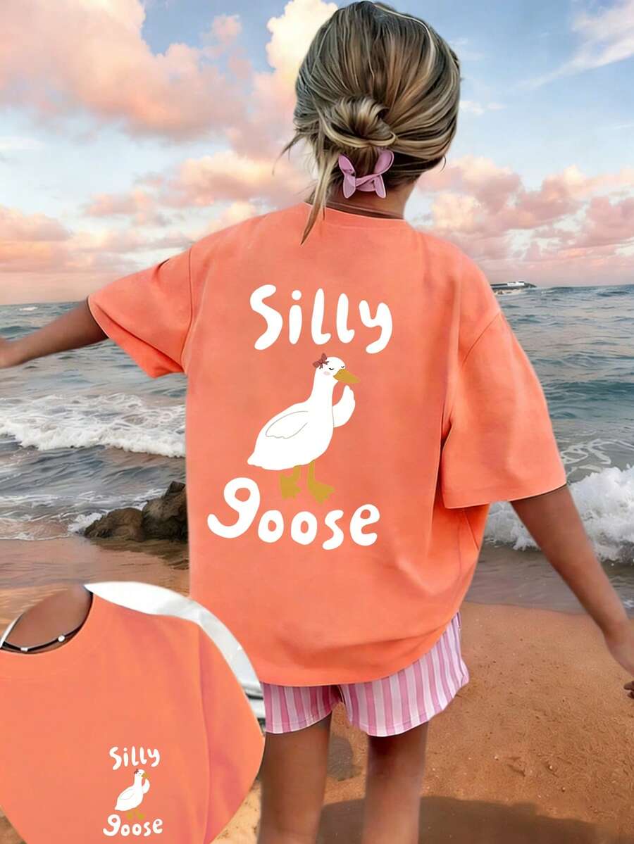 Tween Girl "Silly Goose" Cartoon Goose Print T-Shirt, Soft And Comfortable Fabric, Suitable For Girls Outdoor Sports, Daily Wear, Street Style, Campus Style, Fashionable Girls Spring/Summer Casual Versatile Top - Coral Orange - View 1